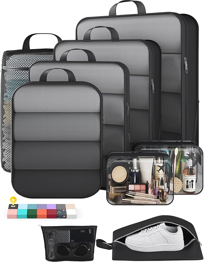 Veken 9/11 Set Compression Packing Cubes for Travel Essentials,Compressible Expandable Large Luggage Suitcase Organizer Bags for Clothing,Durable Space Saver Storage Bags with Toiletry Bags(Black)