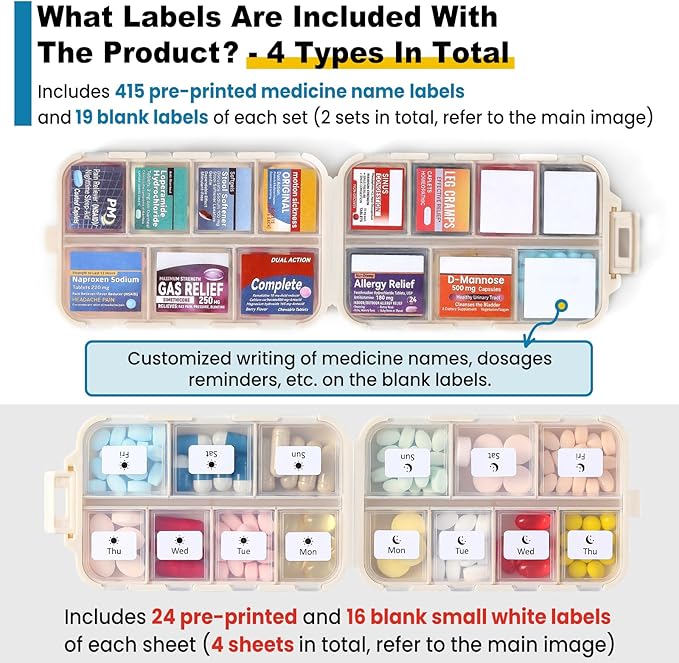 4 Pack 14 Grids Travel Pill Organizer Box with 830-Pcs(2 Set) Medicine Name Labels - Pocket Daily Pharmacy Case Container Kit - Travel Medication Holder Dispenser for Fish Oil Vitamin Supplement