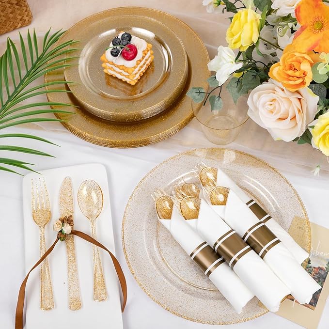 WELLIFE 210Pcs Gold Glitter Dinnerware Set, Gold Glitter Disposable Dinnerware for 30 Guests, Include: 30Dinner Plates, 30Dessert Plates, 90Gold Glitter Silverware, 30 Cups, 30 Paper Napkins