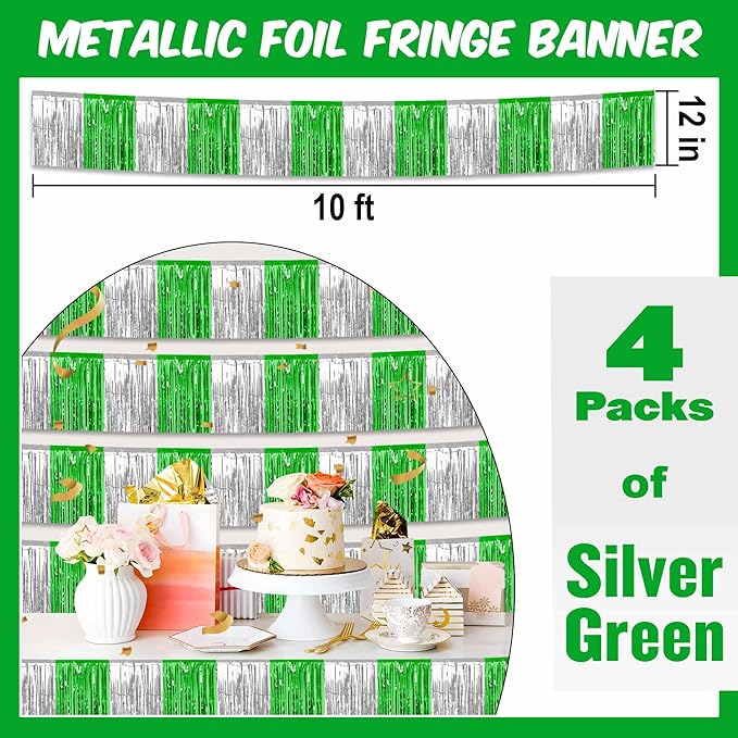4 Pack 10 Ft Silver Green Foil Fringe Garland Metallic Streamers Tinsel Banner Wall Hanging Garland Backdrop for Parade Floats, Halloween, Christmas, Thanksgiving, New Year Party Decorations