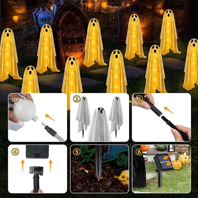 6PACKS Halloween Decorations Outdoor Solar Ghost Lights,Scary Ghost Decor with Spooky Party Gifts,Solar Halloween Path Lights for Front Porch/Yard/Garden/Home/Ghost Party Decor Warm White