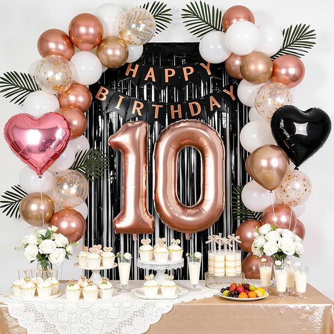 10th Birthday Decorations for Girls - Rose Gold, Black and Hot Pink Double Digits Party Supplies Set with Happy 10th Banner, Number 10 Balloons and Foil Fringe Curtains - 10 Year Old Celebration Kit