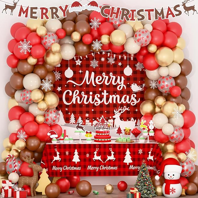 Merry Chirstmas Party Decorations, Christmas Decorations Set, Christmas Balloon Garland Banner Backdrop Tablecloth Toppers Snowflake Winter Santa Party Supplies for Indoor Outdoor Home Decor