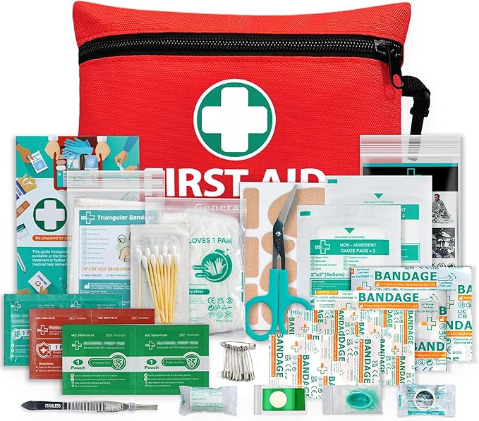 General Medi Mini First Aid Kit, 110 Piece Small First Aid Kit - Includes Emergency Foil Blanket, Scissors for Travel, Home, Office, Vehicle, Camping, Workplace & Outdoor (Red)