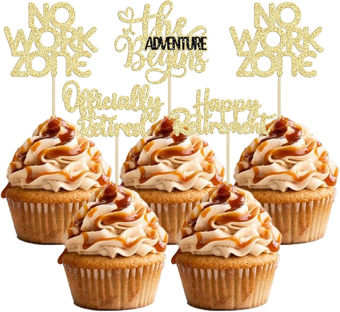 24Pcs Happy Retirement Cupcake Toppers Officially Retired Cake Toppers No Work Zone Adventure Begins Cupcake Picks Retirement Theme Farewell Birthday Party Cake Decorations Supplies Gold