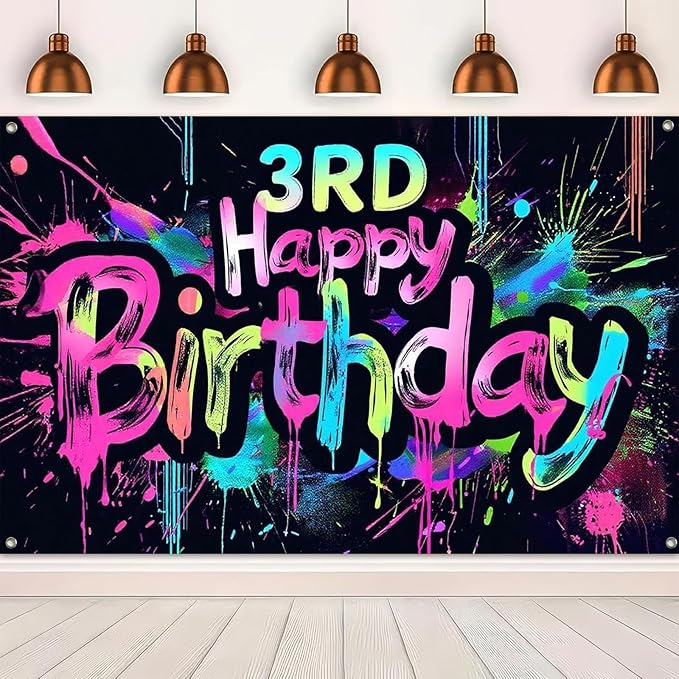 Neon 3rd Happy Birthday Banner 71x43 Inch Paint Splatter Glow in The Dark Wall Decor for Kids Boys Girls Birthday Party Photo Booth Background Supplies and Celebration Decorations