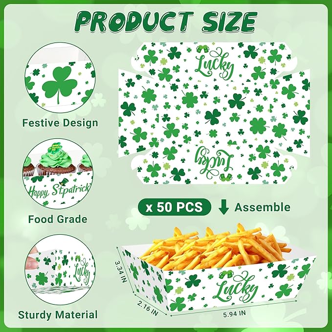 50 Pcs St. Patricks Day Decorations, Paper St. Patricks Day Food Trays, Disposable Shamrock Platters Green Snack Serving Trays, St Patrick's Party Supplies Irish Decor for Irish Bar Family Gatherings