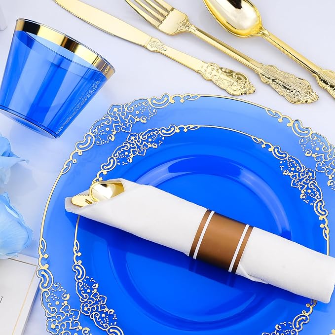 350 PCS Blue and Gold Plastic Plates, Disposable Dinnerware Set for 50 Guests, 100 Disposable Plates, 150 Silverwares, 50 Cups, 50 Napkins for Wedding, Party, Graduation