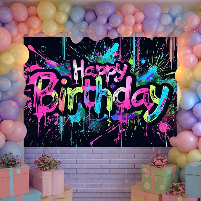 Neon Happy Birthday Banner 84x60 Inch Photography Backdrops Party Background Decorations Colorful Graffiti Splash Paint Kids Birthday Supplies Glow in The Dark