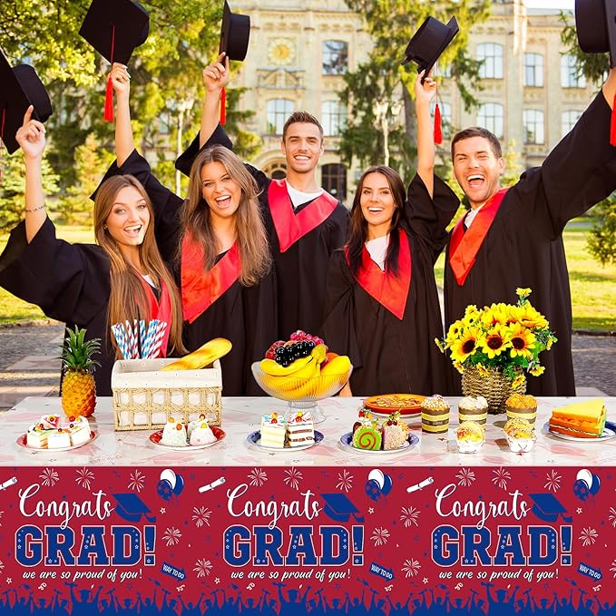 6 Pack Graduation Tablecloth Party Decorations, Class of 2026 Congrats Grad Plastic Tablecover Party Supplies, Red and Blue Rectangle Graduation Table Decor for College High School Party, 54 x 108Inch