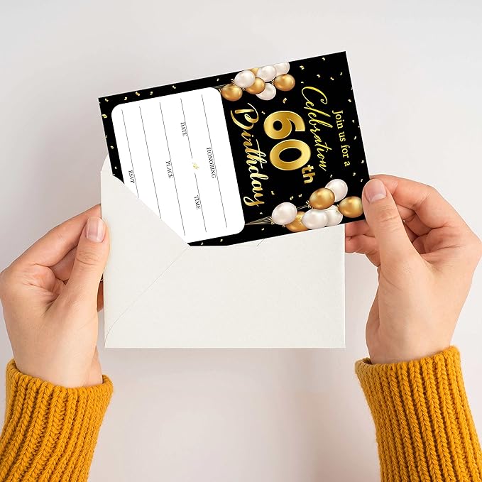60th Birthday Invitation Cards with Envelopes - Classic Gold Theme Fill in The Blank Birthday Party Invite Cards, for Man, Woman Entertain Banquet Party Supplies, 20 Invites With Envelopes - B16