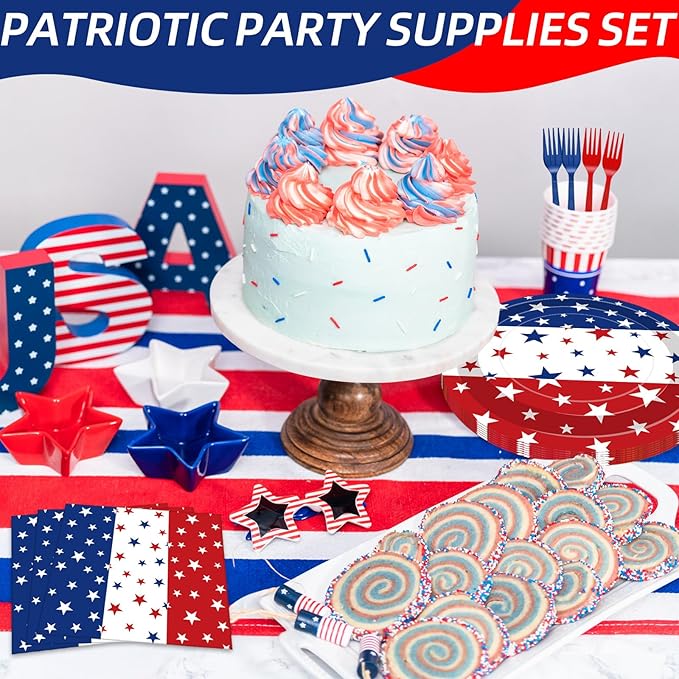 100 Pcs Patriotic Party Supplies Set, Serves 25 – Disposable Red White Blue Star Paper Plates, Napkins, and Forks, American Flag Themed Tableware for 4th of July, Memorial Day, Labor Day Decorations
