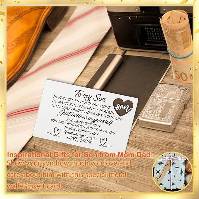 Son Gift from Mom, Inspirational Engraved Wallet Card Birthday Graduation Christmas Anniversary Wedding Back to School Card Wallet Insert Gifts for Son, Just Believe in Yourself Gift for Boys