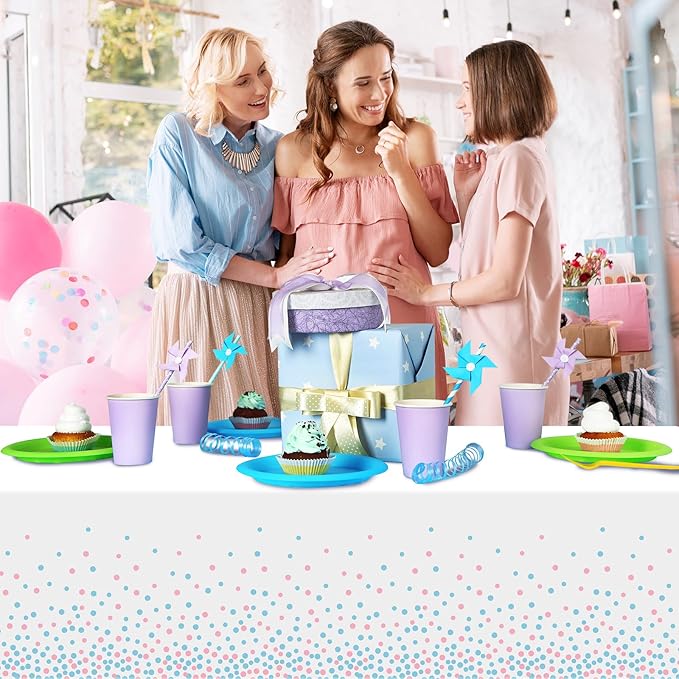 6Pack White and Pink Blue Plastic Tablecloth, White Disposable Table Cloth for Rectangle Tables, Pink Blue Stamping Dot White Tablecloth for Gender Reveal Baby Shower Birthday Party Supplies, 54"x108"
