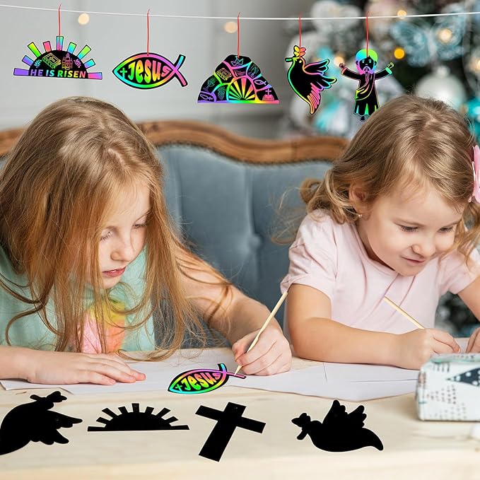JULMELON 36 PCS Religious Easter Crafts, Rainbow Scratch Art for Religious Gifts Magic Color Resurrection Cross Scratch Cards Christian Sunday School Bible Crafts Classroom Party Favors