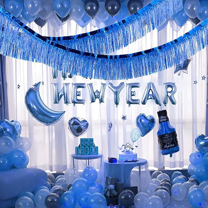 Blue Foil Fringe Garland 10FT 2packs, Metallic Foil Tinsel Fringe Banners for Parade Float Decorations Wedding, Birthday Party Graduation (Two Blue)