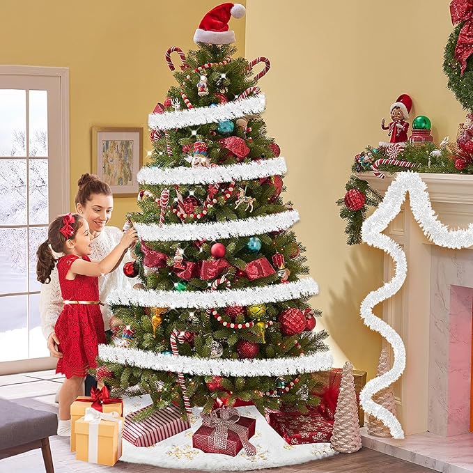 25 Feet Christmas Tinsel Garland, Metallic Twist Garland Wall Hanging Tinsel Garland Backdrop for Parade Floats, Carnival, Birthday, Wedding, New Year Party Decorations (Macaron White, 4in x 25ft)