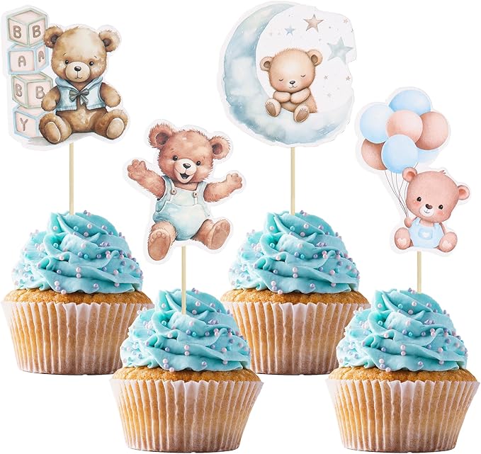 Gyufise 32Pcs Baby Shower Bear Cupcake Toppers Moon Baby Bear Baby Shower Cake Topper Decorations Jungle Animal Theme Birthday Party Cake Supplies Blue