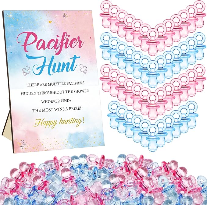 Thyle 51 Pcs Gender Reveal Pacifier Hunt Baby Shower Games Pink Blue Gender Reveal Game Decoration Include Hunt Sign and 50 Acrylic Pacifiers for Baby Shower Game Gift Set Boy or Girl Party Decoration