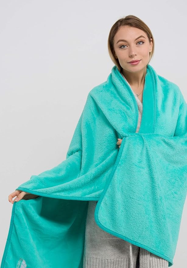BlueHills Premium Soft Travel Blanket Pillow Airplane Blanket Packed in Soft Bag Pillowcase with Hand Luggage Belt and Backpack Clip, Compact Pack Large Warm for Any Travel (Teal Green T006)