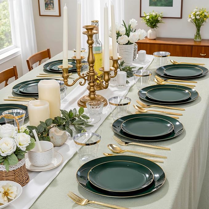bUCLA 150PCS Green Plastic Plates - Green and Gold Disposable Include 25 Each (Dinner & Dessert) Plates, 25 Knives, 25 Forks, 25 Spoons and 25 Cups, Ideal for Party&Christmas