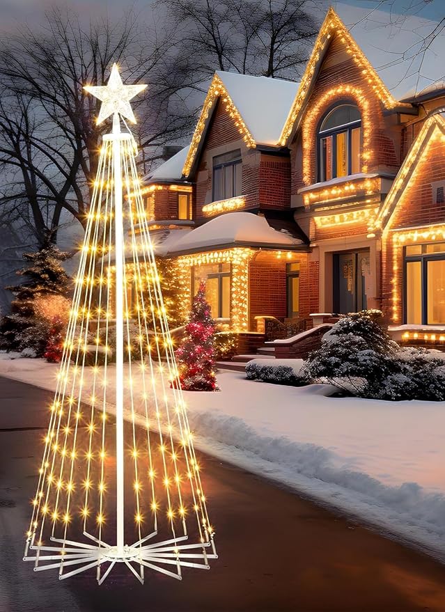 Outdoor Christmas Cone Tree Light, 12 Feet 1070 LEDs Outdoor Lightshow with Star Topper, Artificial Christmas Tree for Yard Square Plaza Christmas Decorations, Warm White