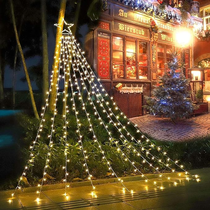 Christmas Star String Lights, 320 LED Waterfall Tree Lights with 13" Topper Star 8 Lighting Modes Indoor Outdoor Halloween Decorations for Holiday, Wedding, Party (Warn White)