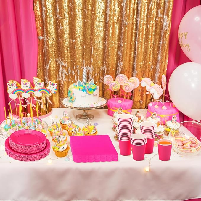 350 Pcs Hot Pink Plates and Napkins, 50 Guest Breast Cancer Awareness Party Supplies Include Scalloped Paper Plates Napkins Cups Plastic Spoons Forks Knives Disposable Tableware Set for Women