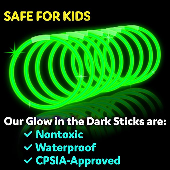 PartySticks Green Glow Sticks - 100pk, 8 Inch Glow in the Dark Light Up Sticks and Connectors for Party Favors, Decorations, Necklaces and Bracelets