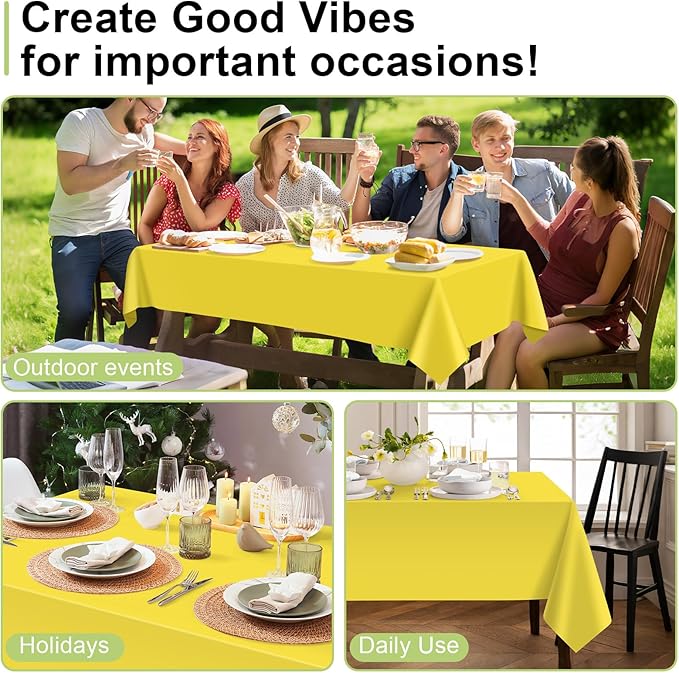 QIKSION Yellow Plastic Table Cloth Disposable 6 Pack, 54 x 108 Inch Tablecloths for Birthday Party, Easter Decorations, Rectangle Table Cover
