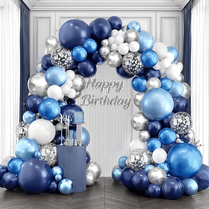 Blue White Silver Balloons Arch Kit, Navy Blue and White Balloons with Metallic Dark Light Blue Silver Conftti Balloons Garland for Graduation Birthday Party Bridal Shower Anniversary Decoration