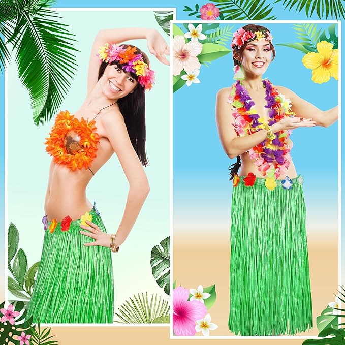 Hawaiian Table Skirt Decor, Gold Green Hawaiian Grass Table Skirt Party Decor, Luau 108 X 29.5" Flower Tropical Hula Dance Home Parties Supplies, Table Skirt Bulk for Summer Beach Themed Activities