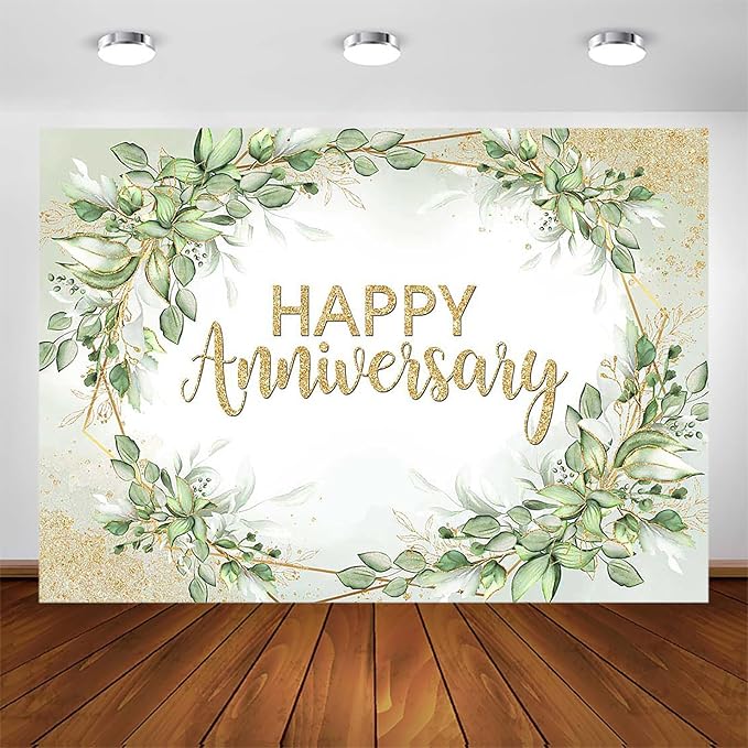 Avezano Happy Anniversary Backdrop - Sage Green Leaves Banner - Cheers to Marriage Wedding Party Decorations - Memorial Portrait Photo Booth Background (10x7ft)