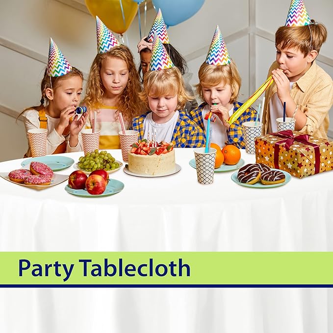 Party Dimensions White Disposable Plastic Tablecloth for Round Tables (12 Pack) 84 inches Table Cloths for Parties, Events & Weddings, Indoors & Outdoors, Plastic Table Cover