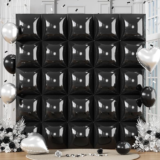 Black Square Foil Balloons Wall, 25PCS Double Sided Metallic Chrome Black Foil Square Balloon Backdrop Tunnel Arch Kit Background Decor for Birthdays Graduation New Year Racing Theme Halloween Wedding