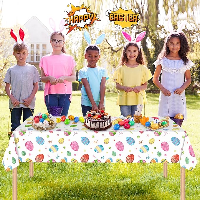 2 Pack Easter Tablecloth - Colorful Easter Eggs Table Cloth, Plastic Disposable Rectangle Spring Easters Egg Table Cover for Easters Tables Decorations and Party Supplies Decor Favors, 108 x 54 Inch