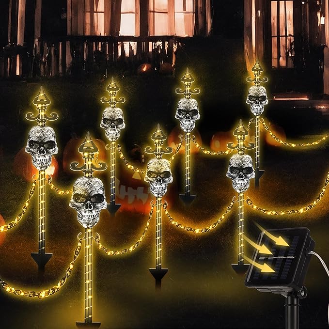 13 Set of Halloween Skull Garden Fence with Solar Light Graveyard Decor Light up Halloween Skull Lawn Stakes Pathway Decor with Connecting Chain for Outdoor Holiday Yard Decoration