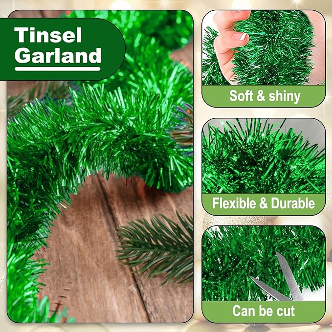 50 Feet Christmas Tinsel Garland, Metallic Twist Garland Wall Hanging Tinsel Garland Backdrop for Parade Floats, Carnival, Birthday, Wedding, New Year Party Decorations (Green, 2in x 50ft)