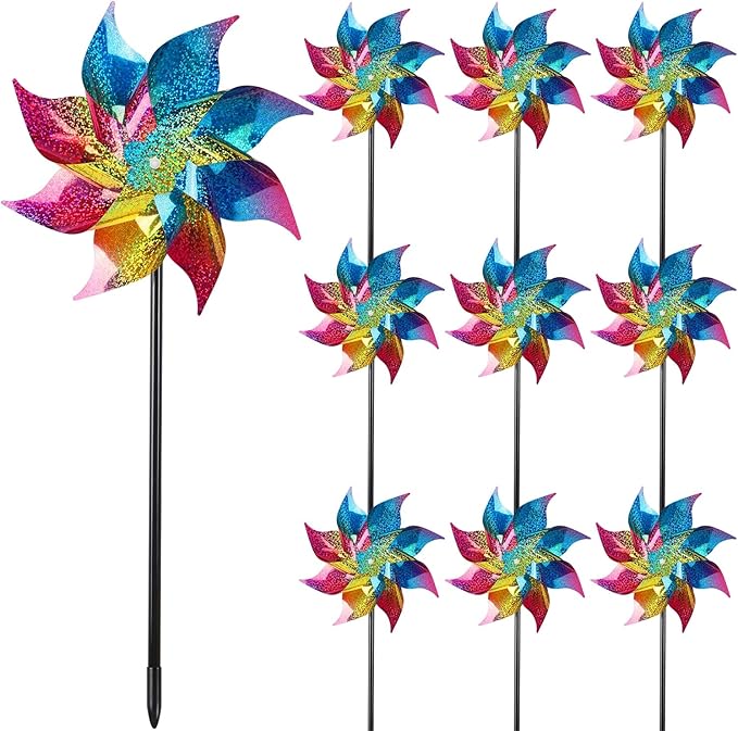 Hausse 10 Pack Reflective Pinwheels Wind Spinner, Extra Sparkly Rainbow Pinwheel with Stakes, Bird Repellent Blinder Devices Deterrent to Scare Birds Away from Yard Patio Farm Garden, Colorful