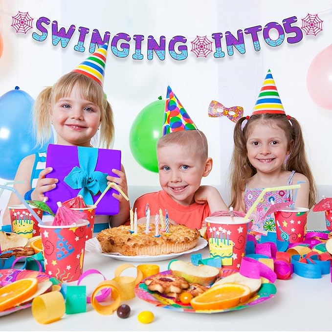 TaoBary Spider Theme 5th Birthday Banner, Pre-strung Swinging into 5 Banner, Spider 5th Birthday Decorations Party Supplies for Kids, Fifth Decor for 5 Year Old Boys Girls(Pink and Purple)