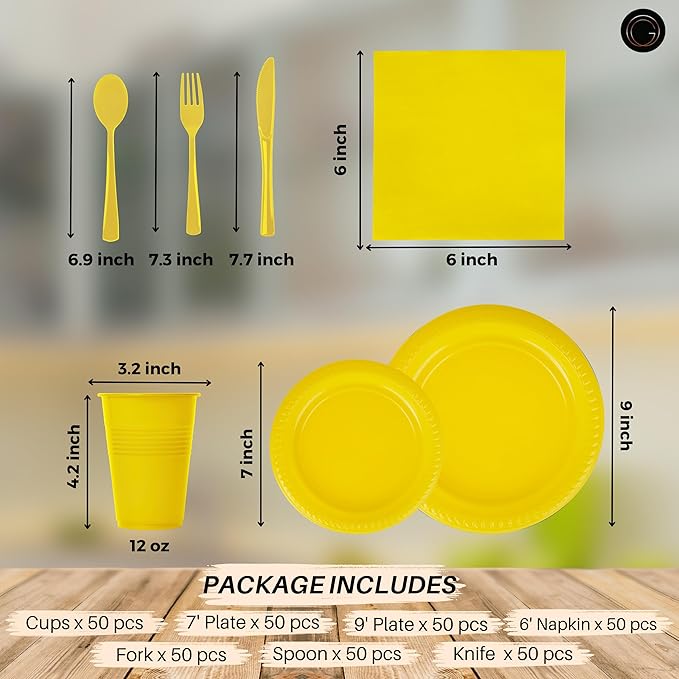 Grandipity 350 Piece Yellow Disposable Dinnerware Set, Includes 50 of Each: 9" Dinner Plates, 7" Dessert Plates, 12oz Cups, Paper Napkins, Forks, Knives & Spoons