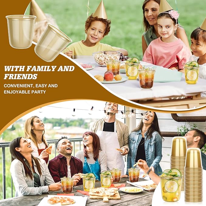 KesaPlan 50 Pcs Gold Plastic Cups, 12oz Disposable Stemless Wine Glasses for Cocktail Cute Clear Cocktail Wine Glasses Gold Party Cups for Meeting Wedding Graduation Holiday Party