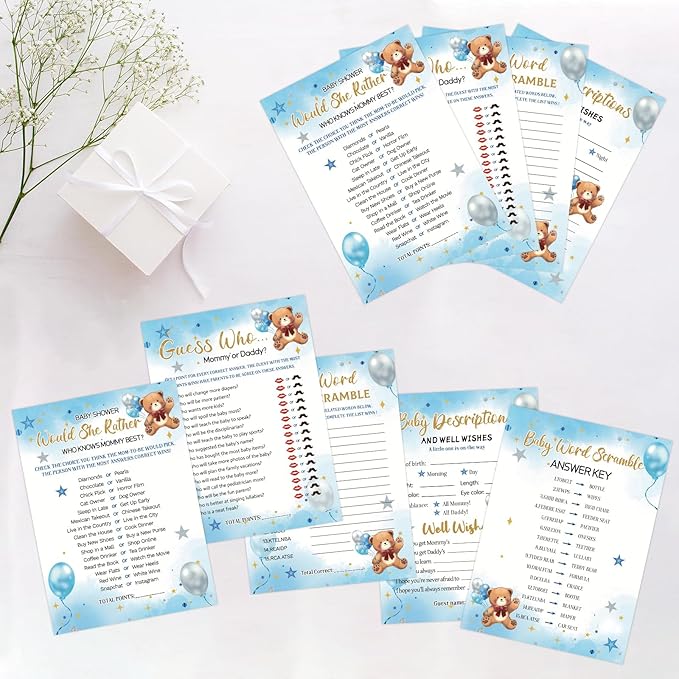 HOMANGA Baby Shower Games for Boy Girl, 4 Fun Games for 25 Guests, Who Knows Mommy Best, Guess Who Mommy or Daddy, Word Scramble, Baby's Descriptions & Well Wishes, Blue Bear Baby Showers Decorations