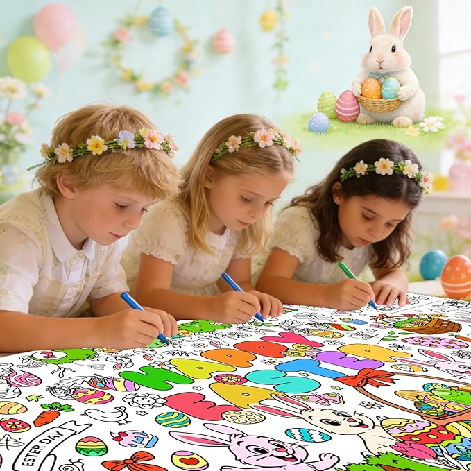 2 PCS Easter Coloring Tablecloth, Easter Crafts for Kids, 72" x 30" Giant Paper Coloring Table Cloth Banner for Gifts Activities, Fun DIY Art Easter Decorations Supplies for Family School Party Games