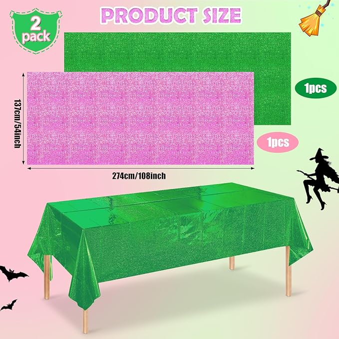 2 Pcs Iridescent Pink and Green Tablecloth Party Decorations, Holographic Foil Plastic Table Cloths for Rectangle Tables, Disposable Green and Pink Table Cover for Witch Theme Birthday Party Supplies