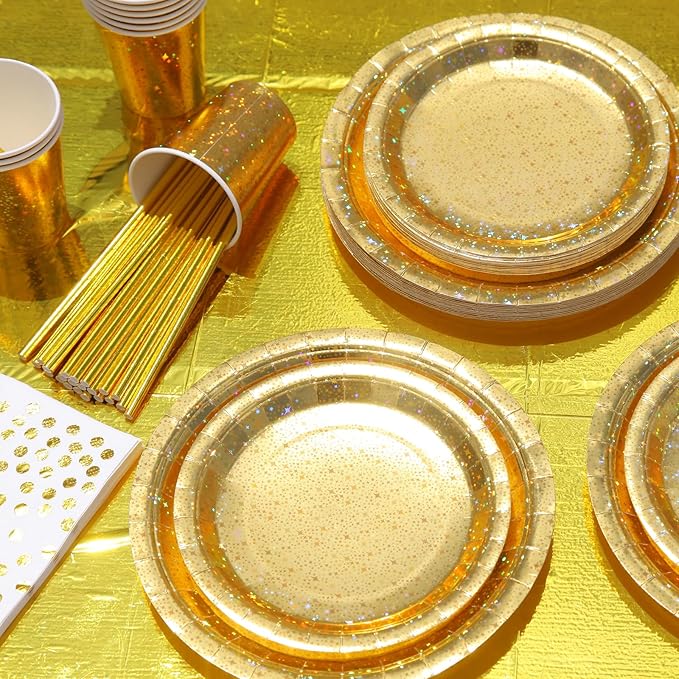 Sparkling Star Patterned Disposable Tableware Set, 201 Pieces, Tablecloths, Cutlery, Napkins, Cups, Straws, Plates for Parties, Birthdays, Graduations, Kids Events. 25Guest (Gold)