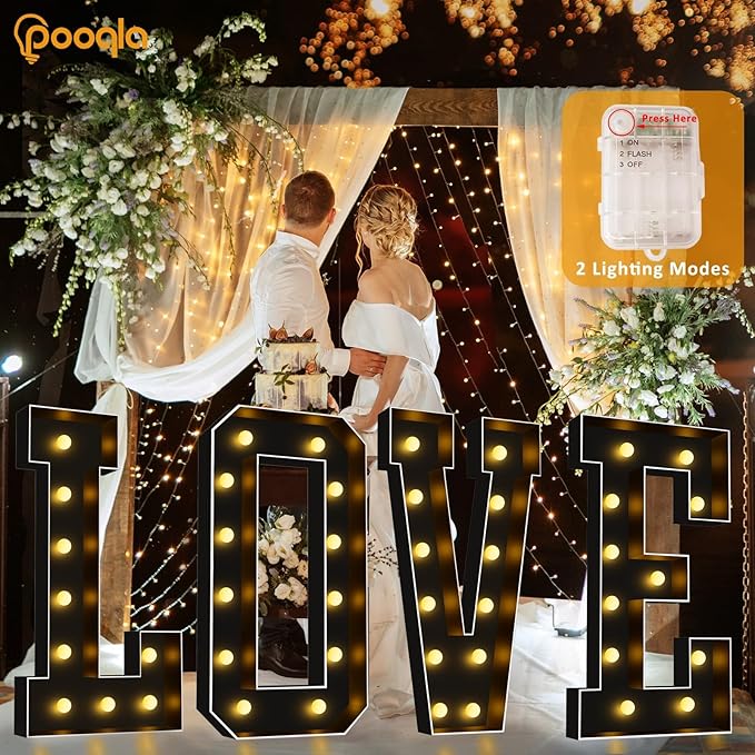 Pooqla 4 FT Marquee Light Up Letters, Black Letter Lights 4 Feet Tall, Giant Sign Big Mosaic for Balloons Birthday Party Anniversary Wedding Decorations, Warm White S