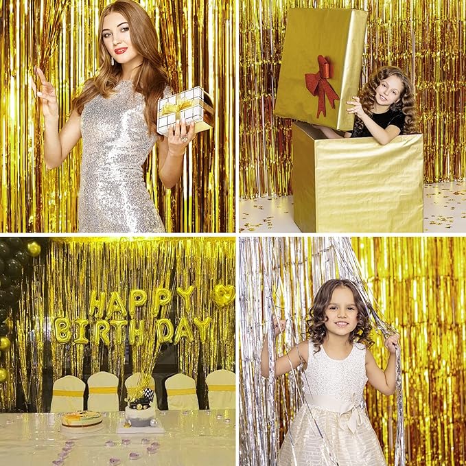 Christmas Gold Backdrops Curtains Party Decorations, Tinsel Streamers for Birthday Decorations, Metallic Photo Booth Props for Wedding, 4Pack 3.28X6.56Ft