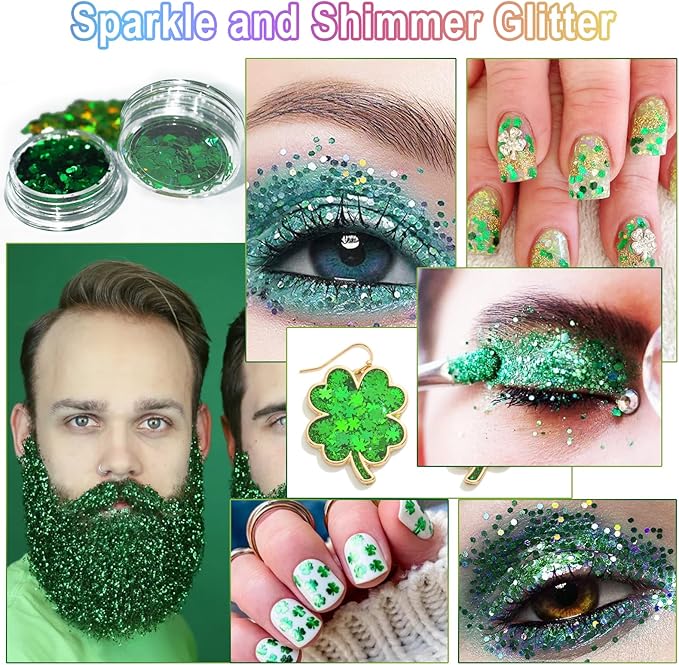 Laza 2 Jars St. Patrick’s Day Body Glitter Iridescent Chunky Sequins with Glitter Glue Women Eyeshadow Makeup Face Paint Festival Rave Outfits Hair Accessories Carnival Brat Party Costumes-Green Field