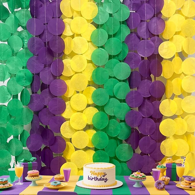 205 Ft Mardi Gras Party Decorations Purple Green Yellow Circle Dot Backdrop Garland Tissue Paper Polka Dots Hanging Streamer for Mardi Gras Birthday Wedding Baby Shower Masquerade Party Supplies